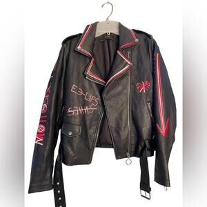 ZARA Moto Jacket Women S Biker Streetwear Leather Graphic Print Belted Zip Black